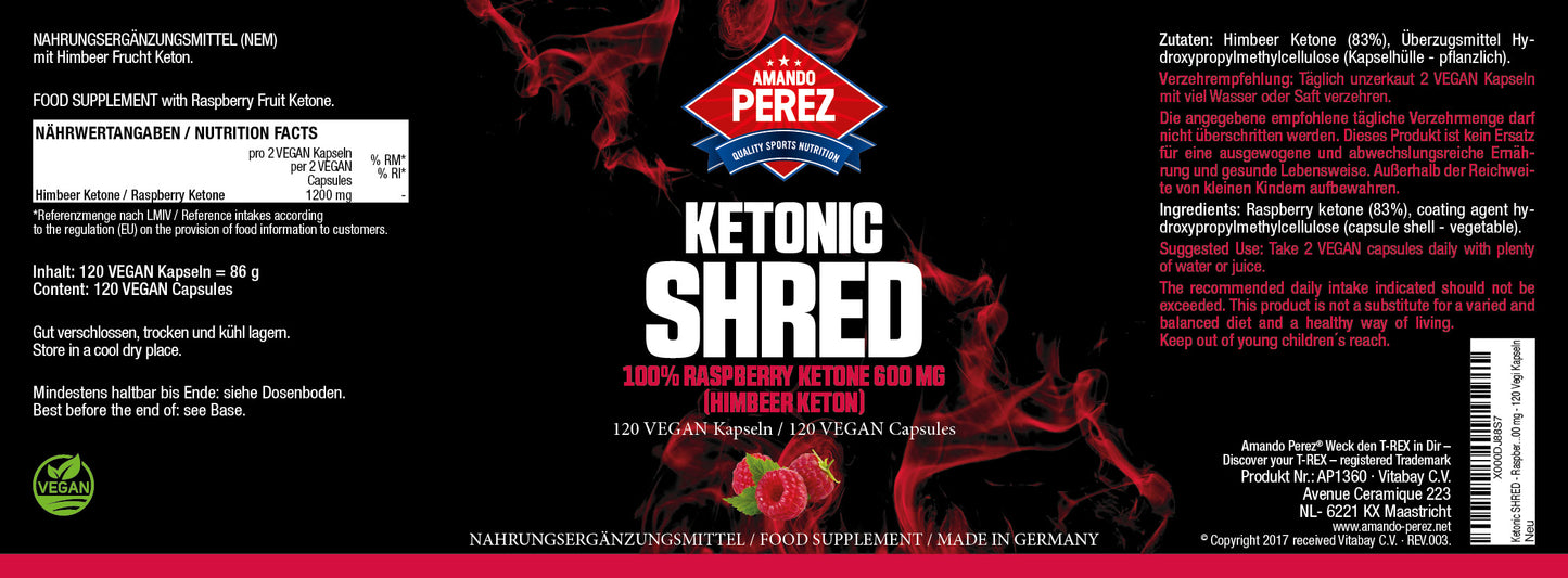 Ketonic SHRED - Raspberry Ketone (Himbeer Keton) 600 mg - 120 vegane Kapseln