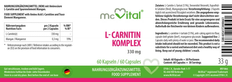 L-Carnitin-L-Tartrat Komplex - 330 mg - 60 Kapseln