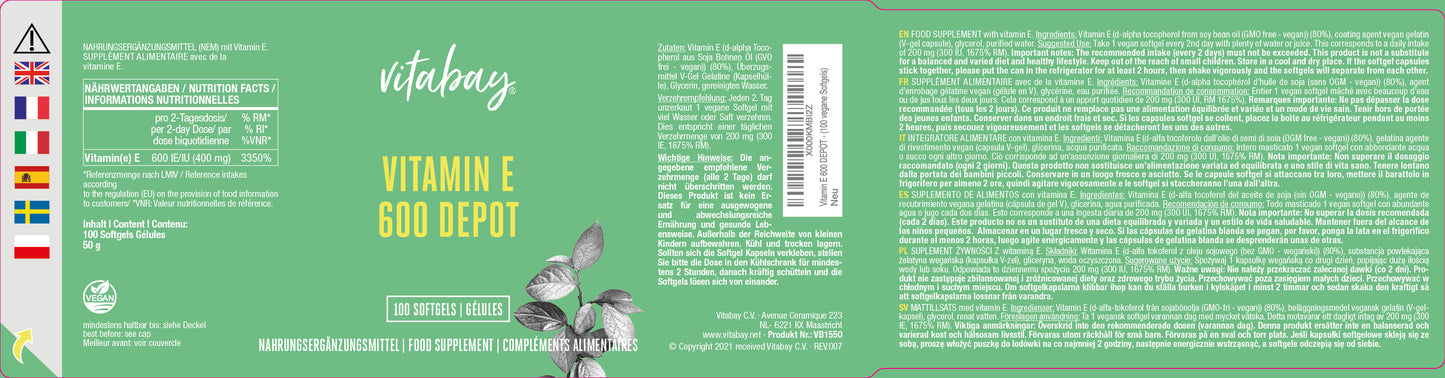 Vitamin E 600 IE Depot - 100 vegane Softgels