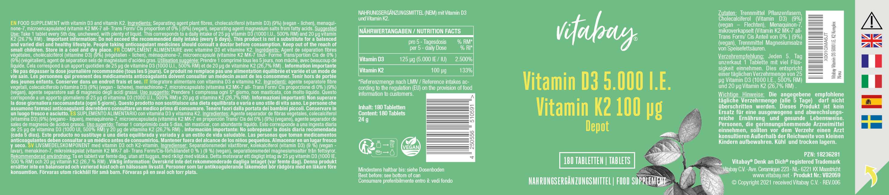 Vitamin D3 Depot 5000 IE + Vitamin K2 100mcg  - 180 vegane Tabletten
