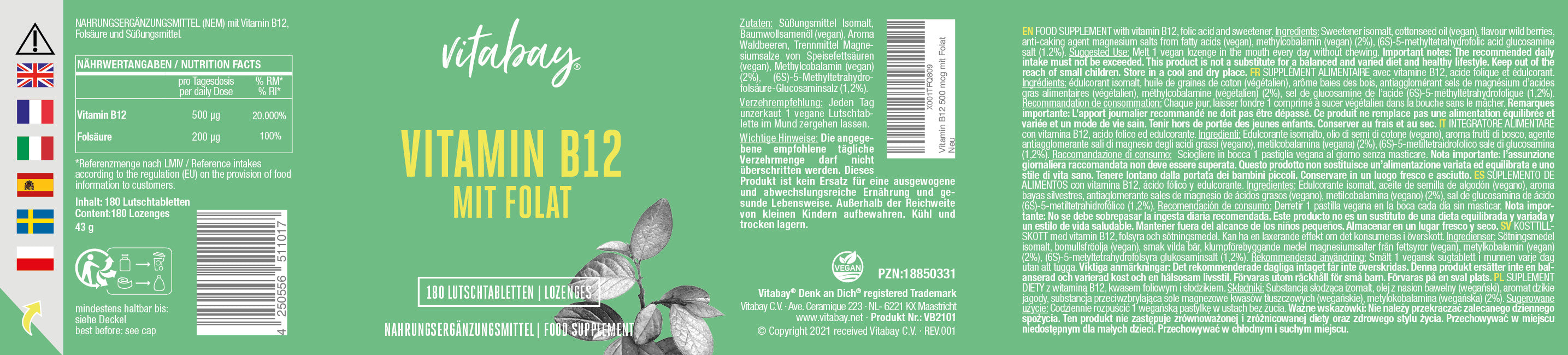Vitamin B12 mit Folat - 180 vegane Lutschtabletten