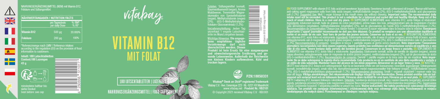 Vitamin B12 mit Folat - 180 vegane Lutschtabletten