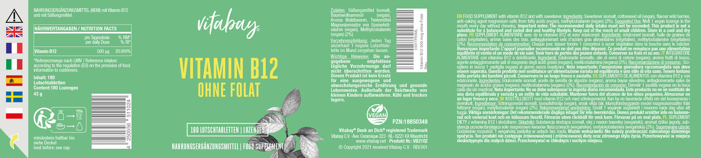 Vitamin B12 ohne Folat - 180 vegane Lutschtabletten