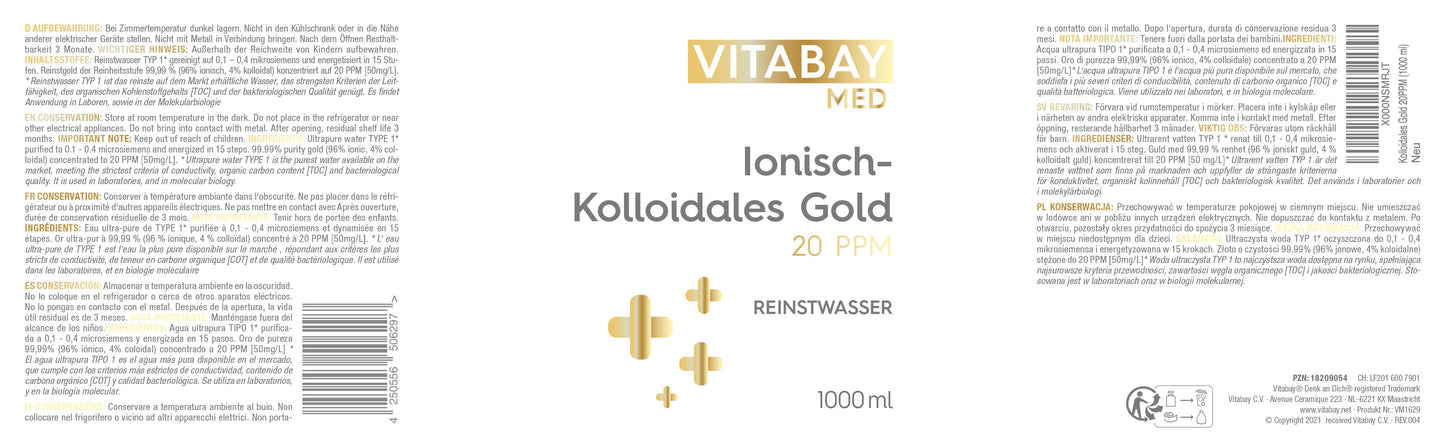 Kolloidales Gold 20 PPM - Reinheitsstufe 99,99% -  1000 ml