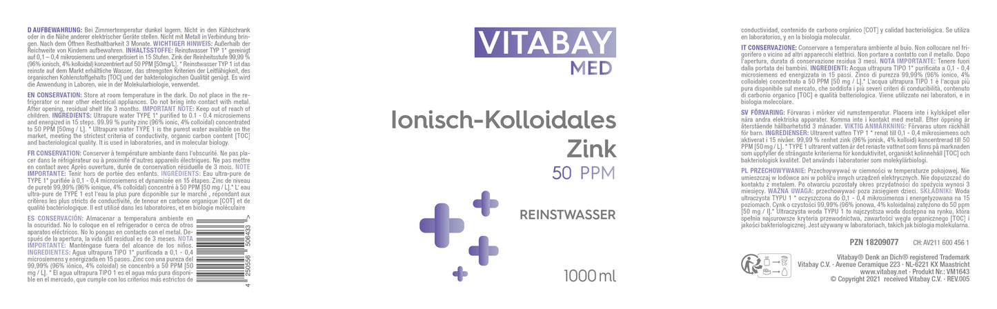 Kolloidales Zink 50 PPM - Reinheitsstufe 99,99% - 1000 ml