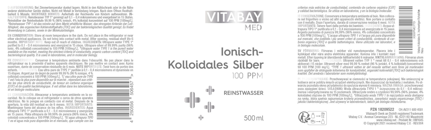 Kolloidales Silber 100 PPM - Reinheitsstufe 99,99% - 500 ml