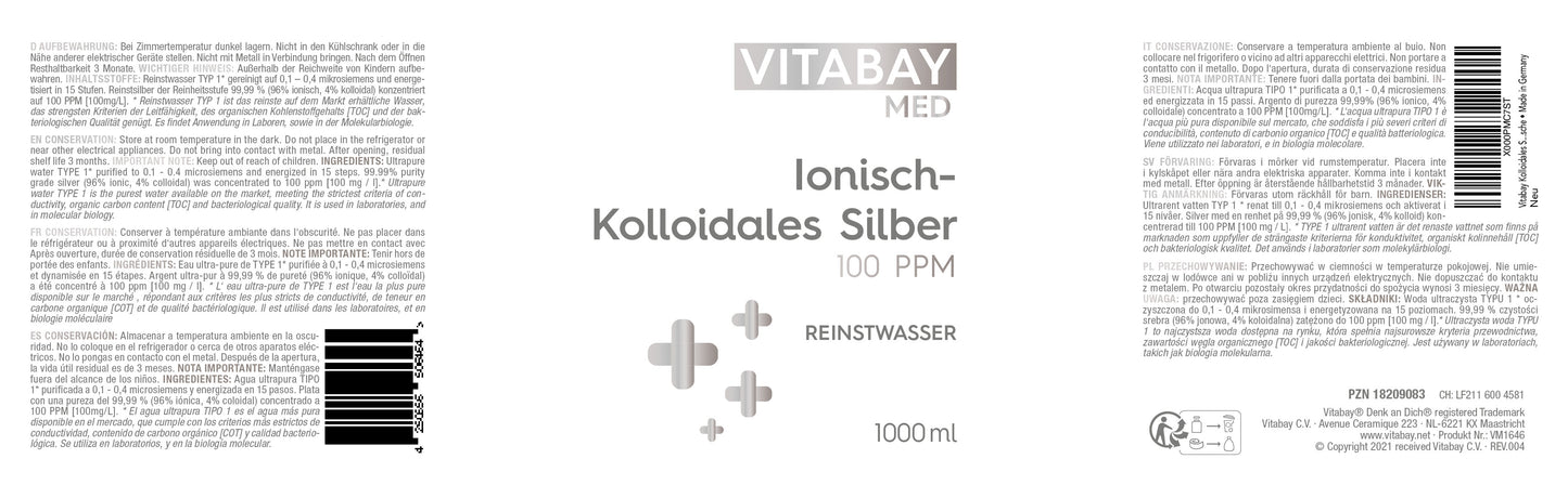 Kolloidales Silber 100PPM - Reinheitsstufe 99,99% - 1000 ml