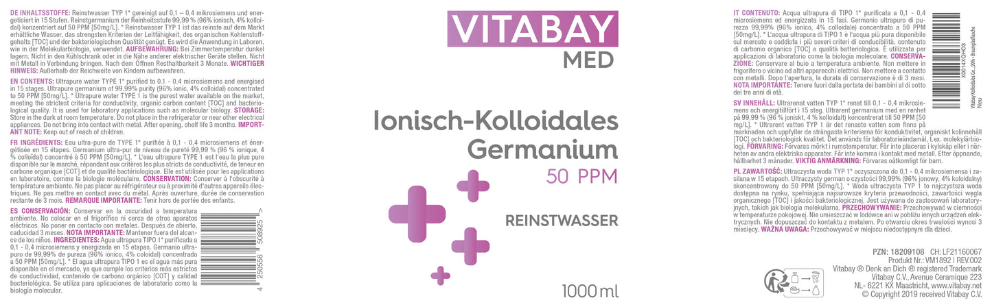 Kolloidales Germanium 50 PPM - Reinheitsstufe 99,99% - 1000 ml