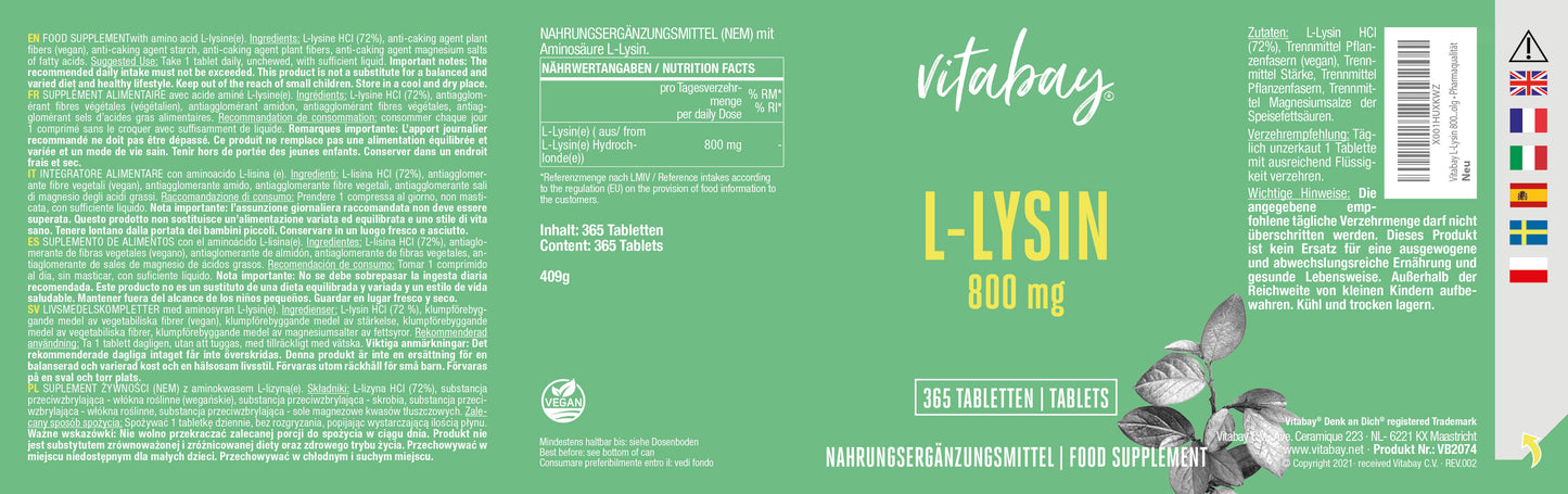 L-Lysin 800mg - 365 vegane Tabletten