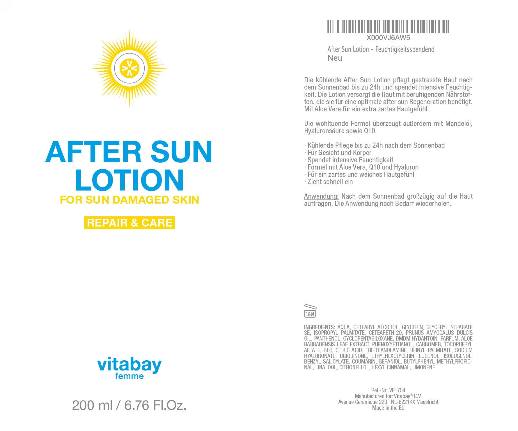 After Sun Lotion 200ml - Pflege nach dem Sonnenbad mit beruhigender Aloe Vera, Panthenol, Mandelöl