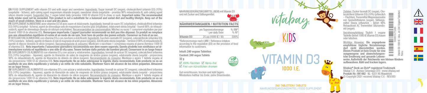 Vitamin D3 1000 IE - 240 vegane Lutschtabletten für Kinder