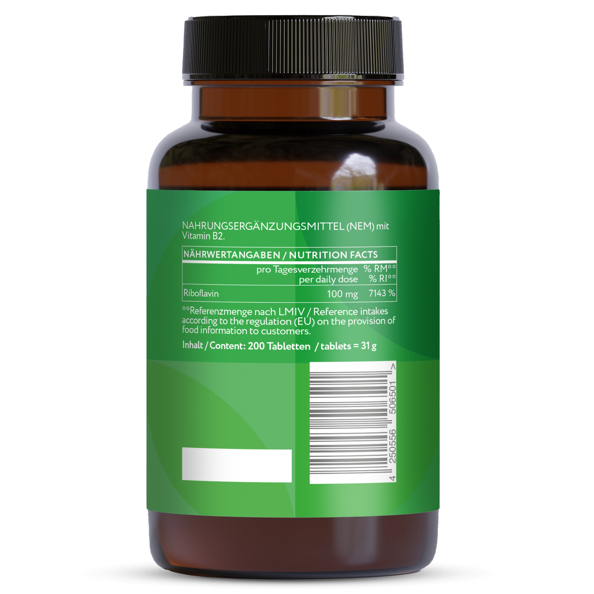 Vitamin B2 Riboflavin 100 mg  - 200 vegane Tabletten