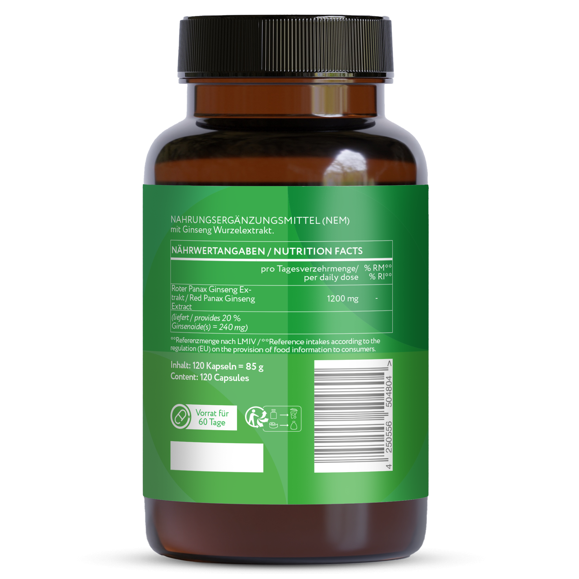 Roter Panax Ginseng Extrakt 600 mg - 120 vegane Kapseln