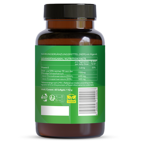 Omega 3 Vegan - 60 Algae Oil Softgel Capsules with 1100 mg Omega 3, DHA & EPA