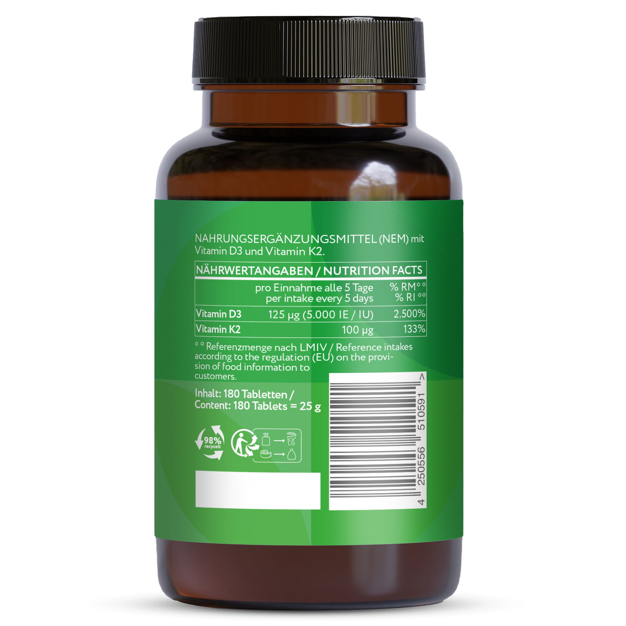 Vitamin D3 Depot 5000 IE + Vitamin K2 100mcg  - 180 vegane Tabletten