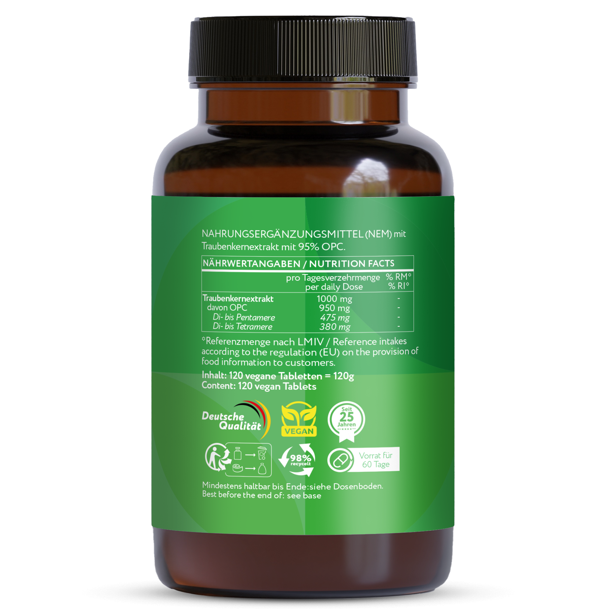 OPC Traubenkernextrakt hochdosiert - 1000mg - 120 vegane Tabletten