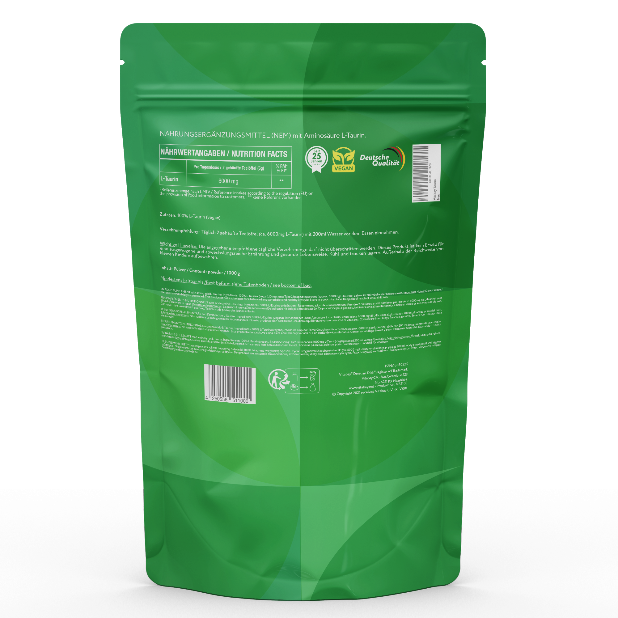 Taurin (6000mg) - 1000g veganes Pulver