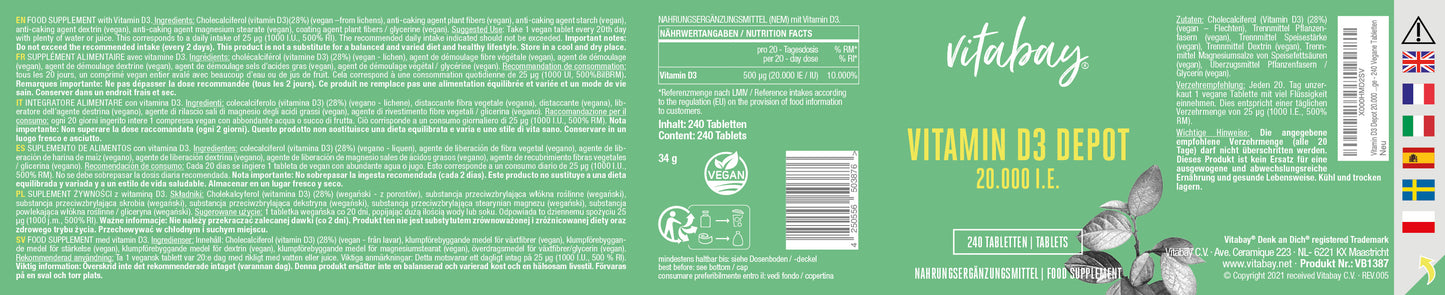 Vitamin D3 Depot 20.000 I.E. - 240 vegane Tabletten