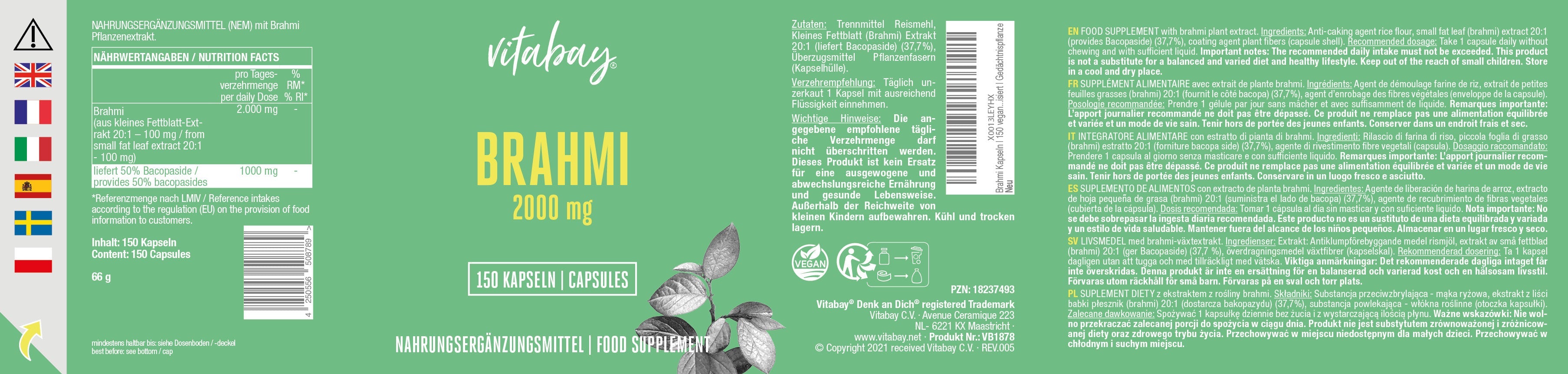 Brahmi Extrakt 2000 mg - 150 vegane Kapseln