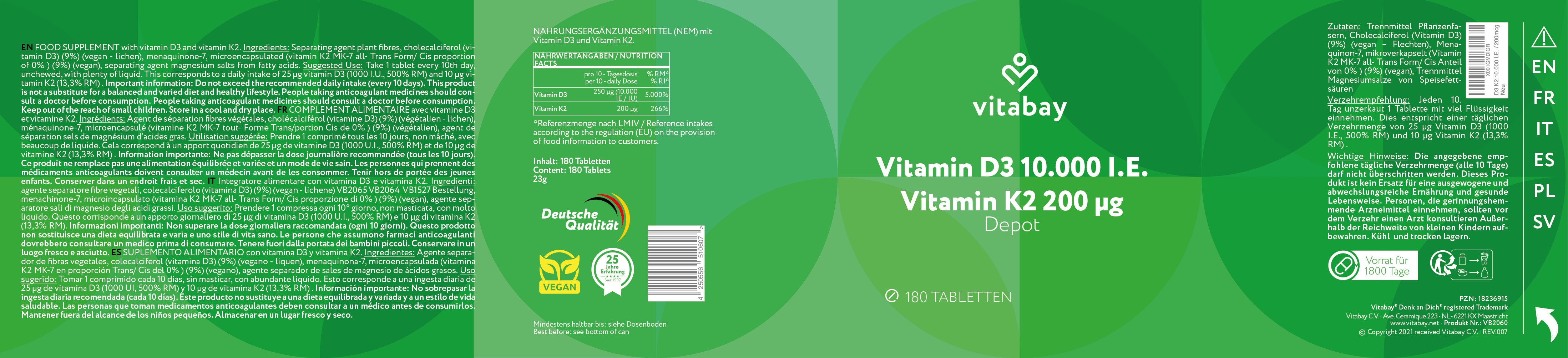 Vitamin D3 Depot 10.000 I.E. + Vitamin K2 200mcg  - 180 vegane Tabletten