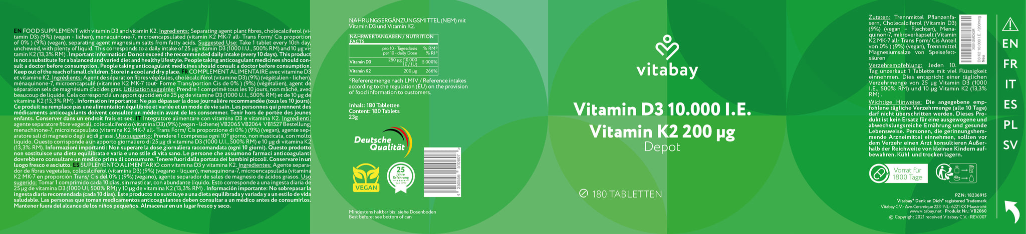 Vitamin D3 Depot 10.000 I.E. + Vitamin K2 200mcg  - 180 vegane Tabletten