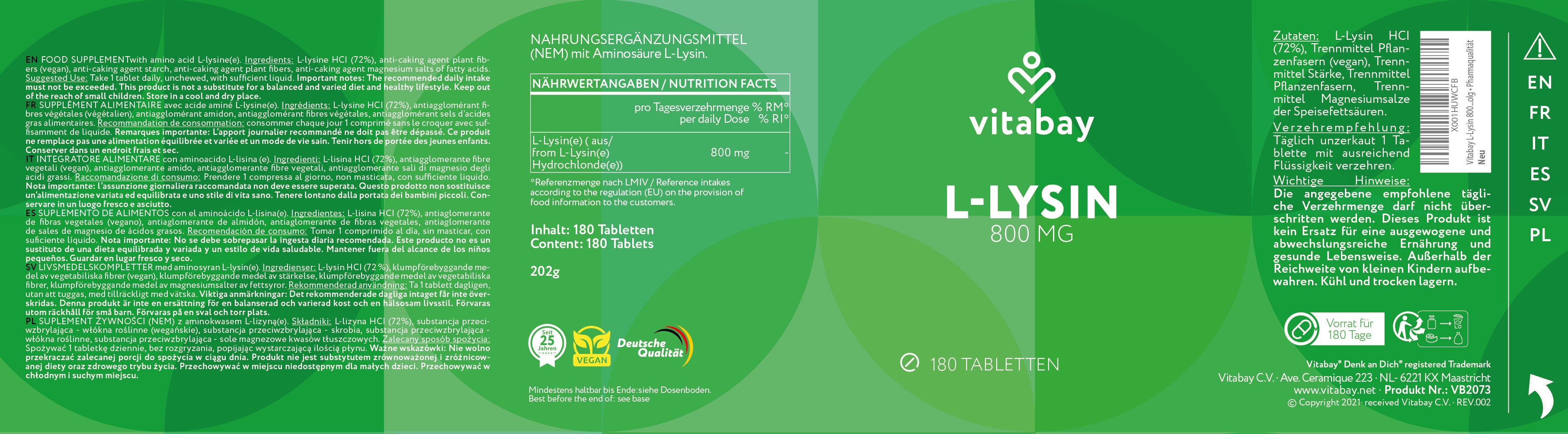 L-Lysin 800mg - Vegane Tabletten