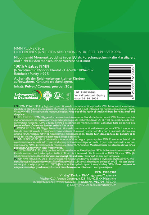 NMN Powder 30 g - High Purity Nicotinamide Mononucleotide Powder 99%