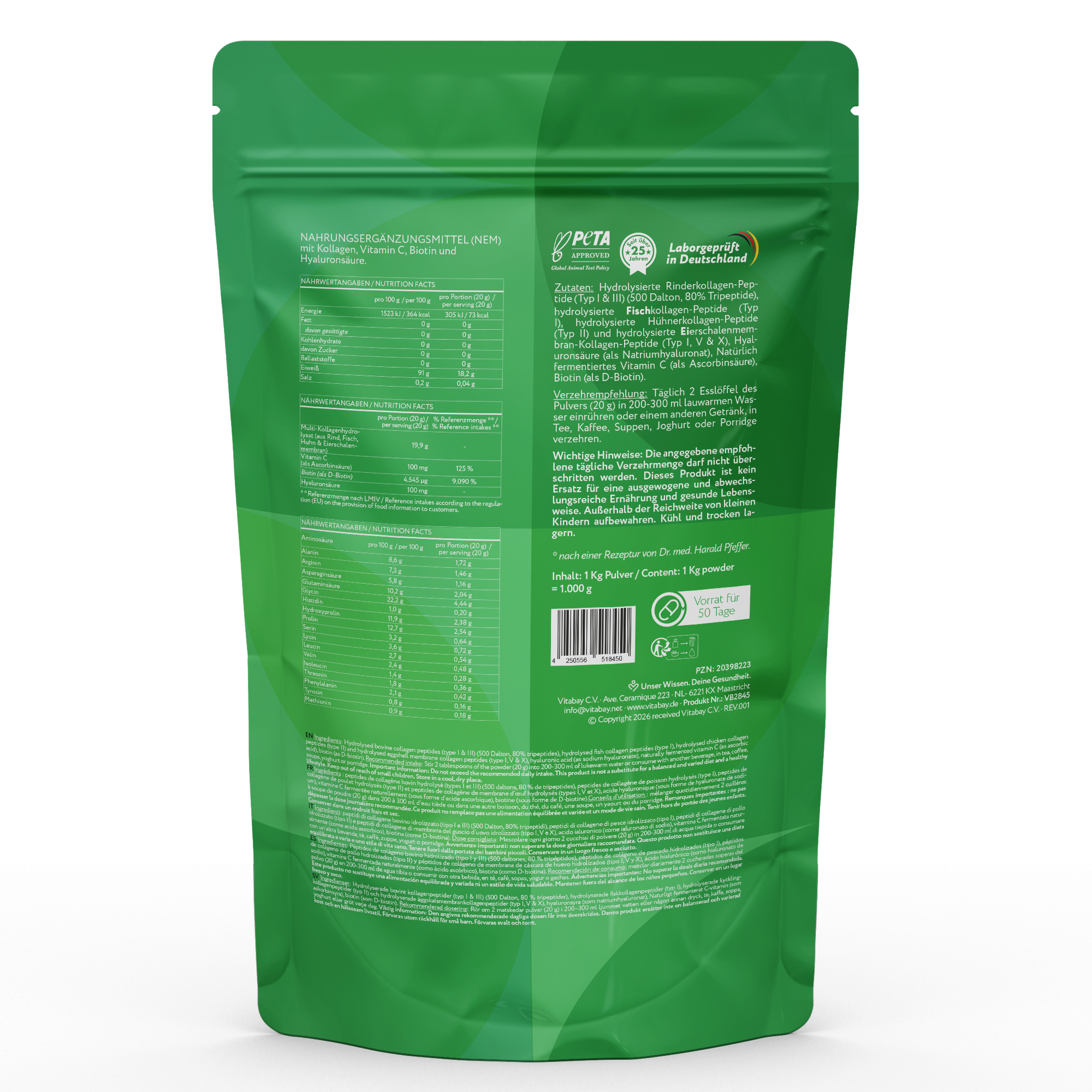 Kollagen Pulver Komplex - Hydrolysierte Kollagenpeptide (Typ I, II, III, V, X) +  Mit Vitamin C, Biotin & Hyaluronsäure  - 1kg