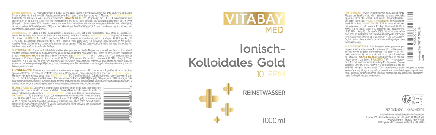 Kolloidales Gold 10 PPM - Reinheitsstufe 99,99% - 1000 ml
