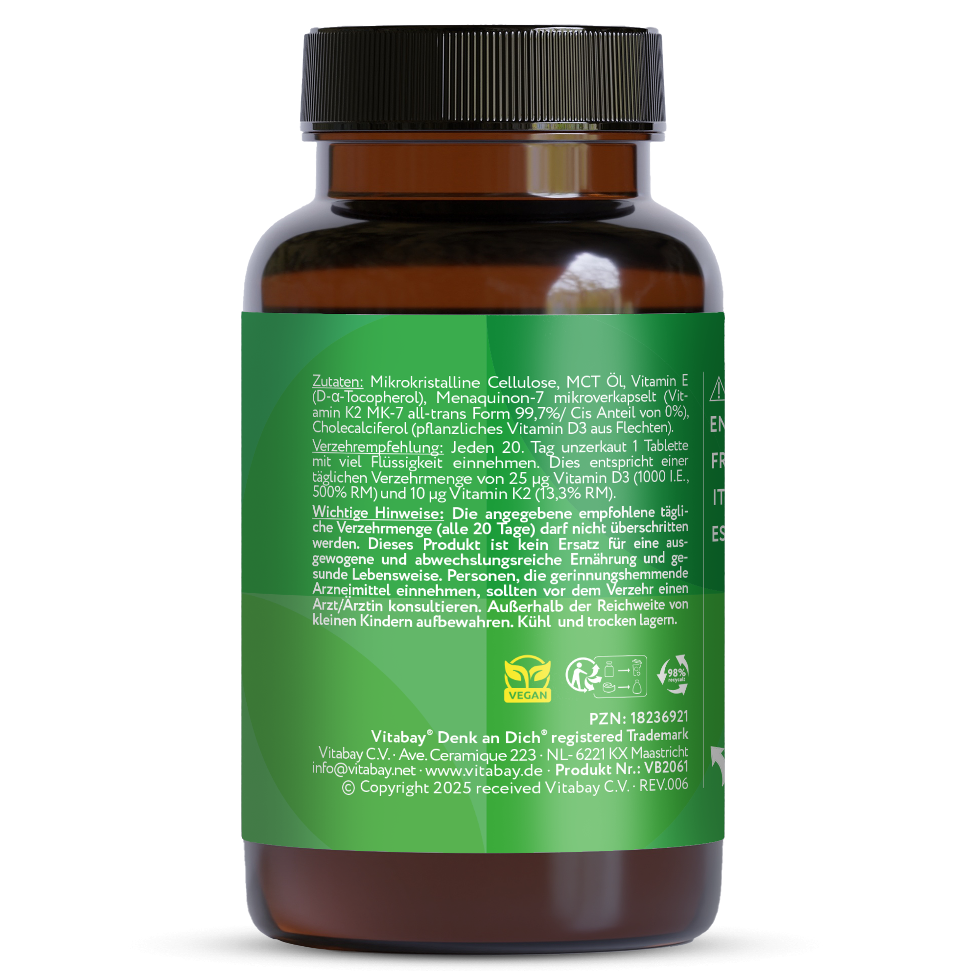 Vitamin D3 20.000 I.E. + K2 200 µg - 180 vegane Tabletten