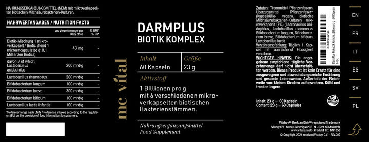 DarmPlus Biotik Komplex - 1 Billionen Bakterien pro Gramm - 60 vegane Kapseln