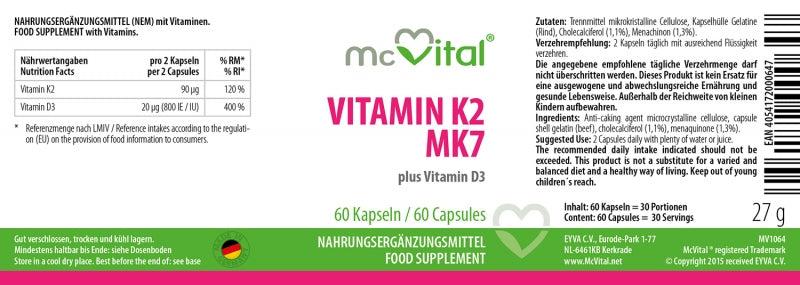 Vitamin K2 MK7 + Vitamin D3 - 60 Kapseln