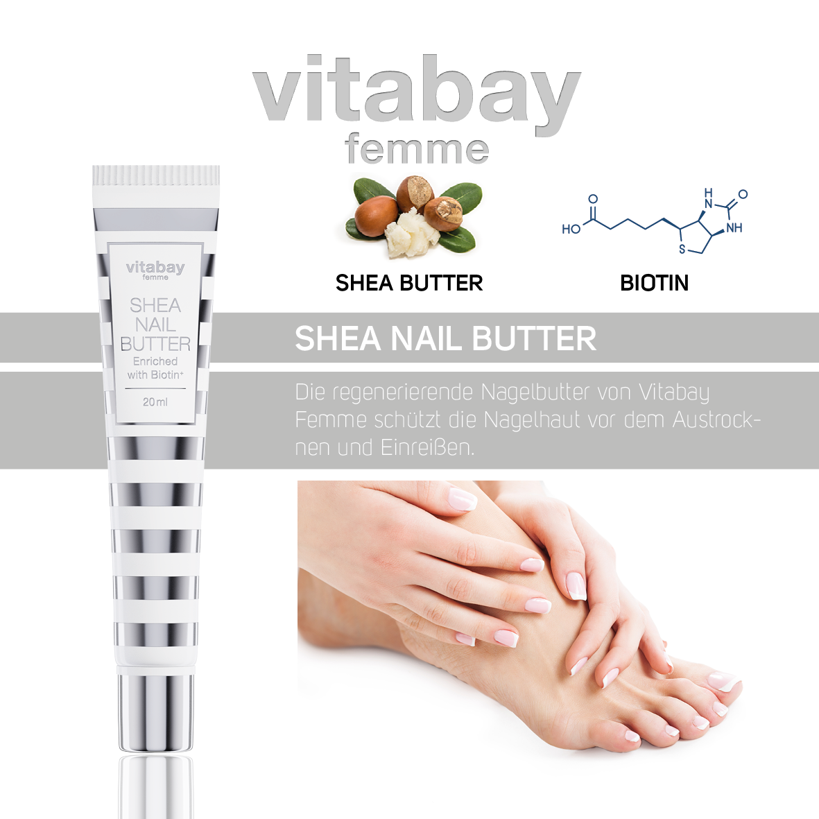 Shea Nail Butter - Pflegende Nagelcreme mit Biotin (Vitamin B7) - gegen trockene & brüchige Nägel