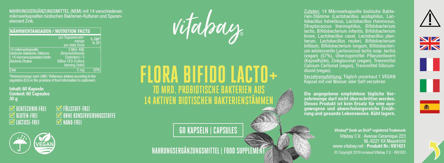 Flora Bifido Lacto+  – 70 Mrd. probiotischen Bakterien aus 14 aktiven biotischen Bakterienstämmen - 60 vegane Kapseln
