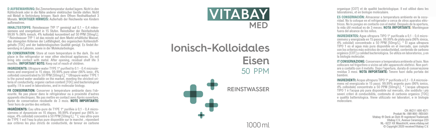Kolloidales Eisen 50 PPM - Reinheitsstufe 99,99% - 1000 ml