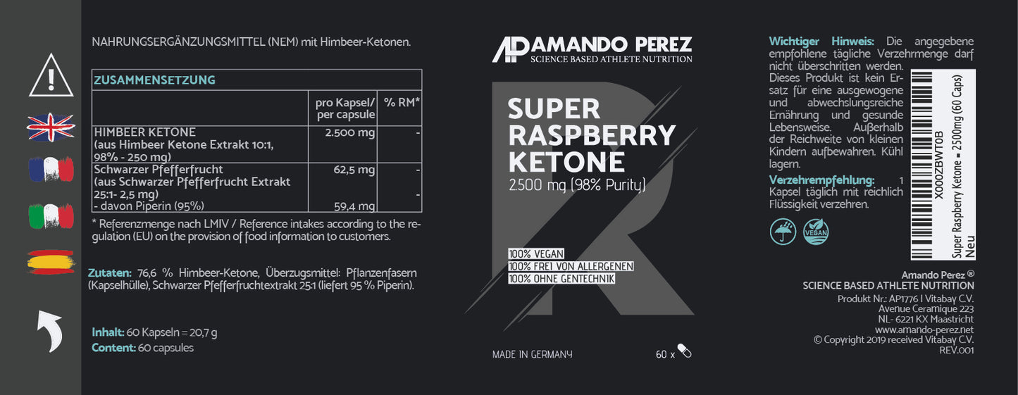 Super Raspberry Ketone 2500 mg 60 vegane Kapseln (98% reiner Aktivstoff)