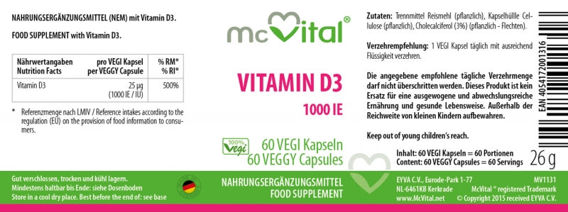 Vitamin D3 1000 I.E. - 60 vegane Kapseln