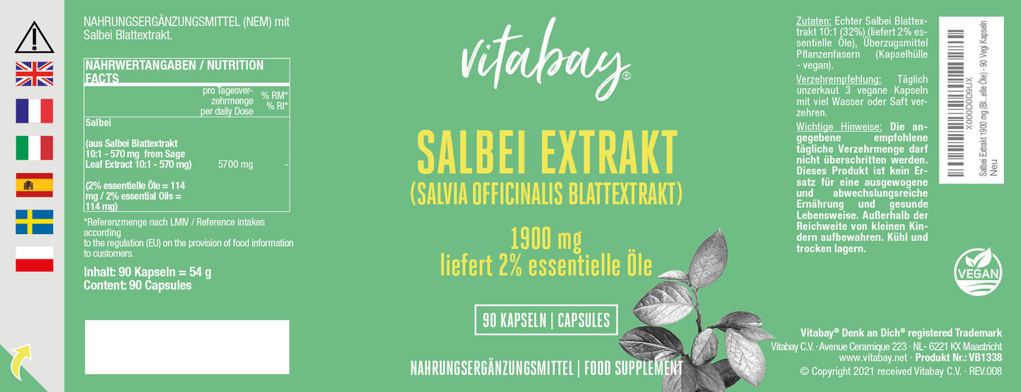 Salbei Extrakt 1900 mg (Blattextrakt, Salvia officinalis, 2% essentielle Öle) - 90 vegane Kapseln