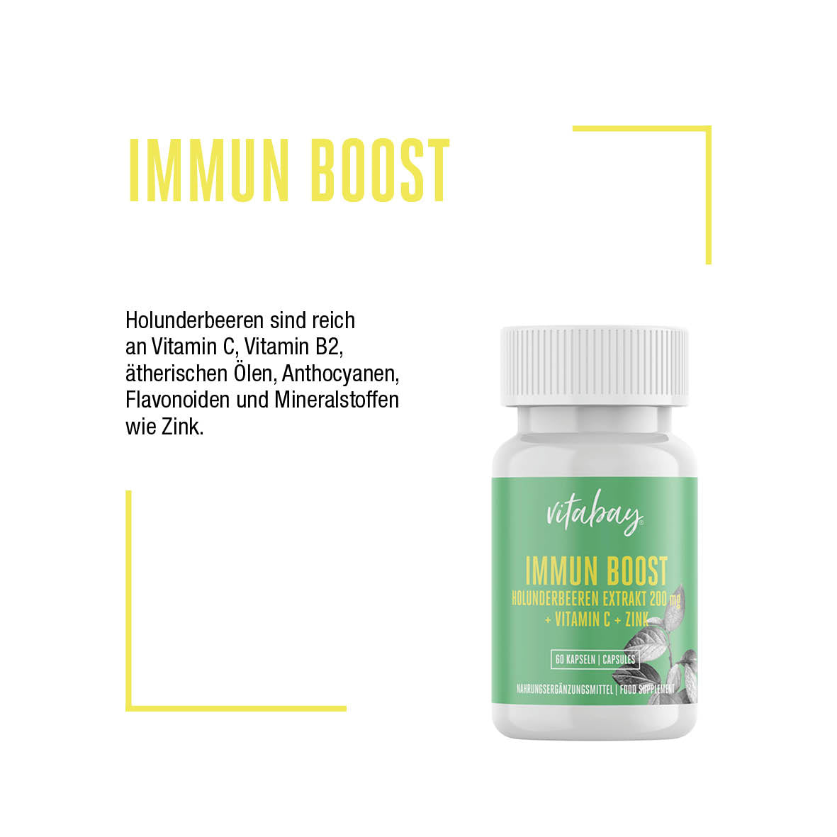 Immun Boost - mit Holunderbeeren Extrakt 200mg, Vitamin C und Zink - 120 vegane Kapseln