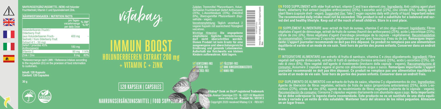Immun Boost - mit Holunderbeeren Extrakt 200mg, Vitamin C und Zink - 120 vegane Kapseln