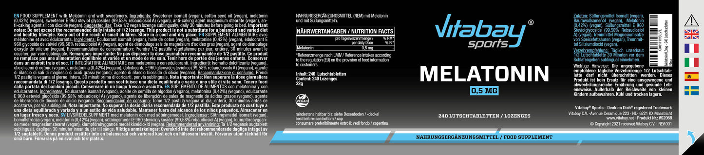 Melatonin 0,5mg - 240 vegane Lutschtabletten - Das Schlaf-Hormon!