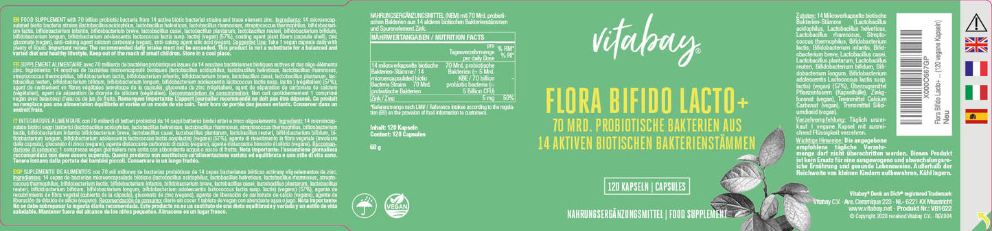 Flora Bifido Lacto+ 70 Mrd. biotische Bakterien aus 14 aktiven biotischen Bakterienstämmen- 120 vegane Kapseln