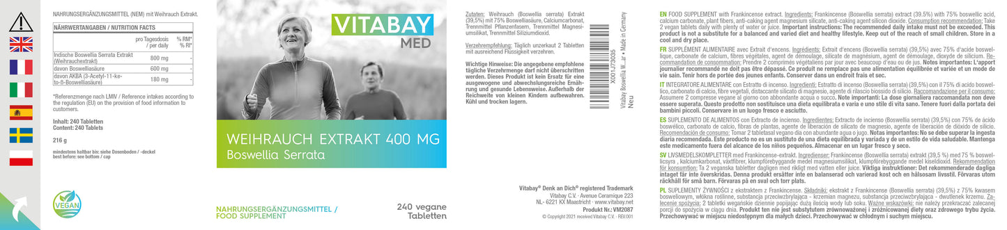 Boswellia Weihrauch Extrakt - 400 mg - 240  vegane Tabletten