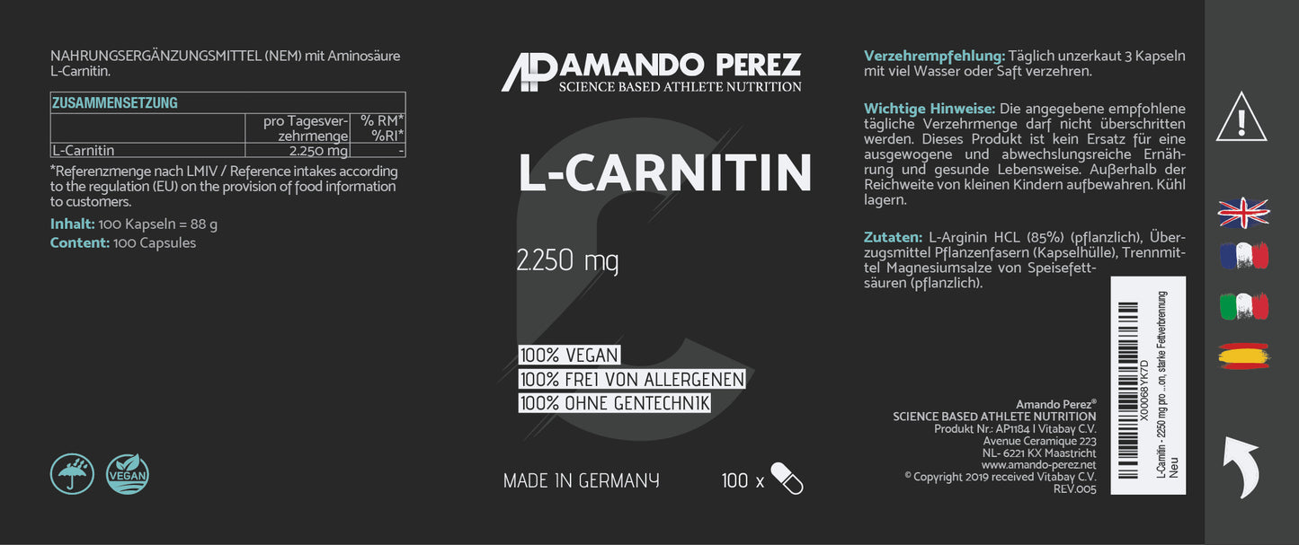 L-Carnitin 2250mg - 100 vegane Kapseln