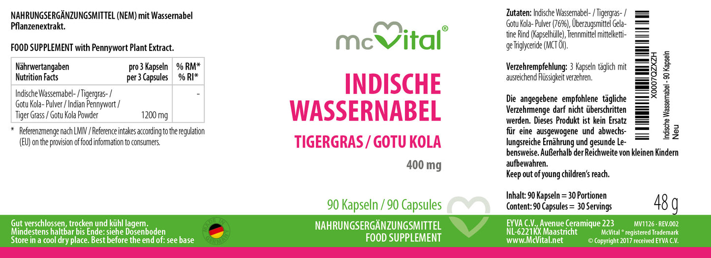 Indische Wassernabel / Tigergras / Gotu Kola - 400 mg - 90 Kapseln