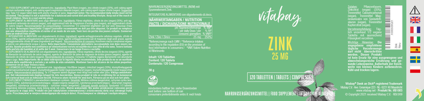 Zink  25mg - 120 vegane Tabletten