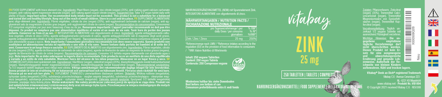 Zink  25mg - 250 vegane Tabletten