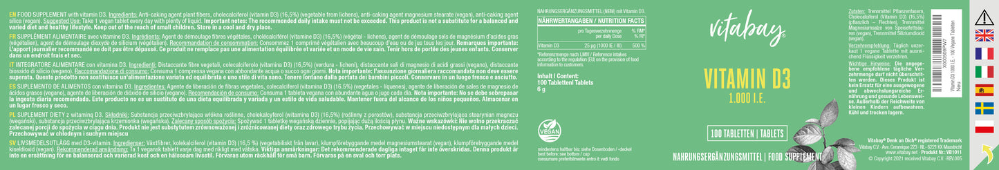 Vitamin D3 1.000 I.E.  - 100 vegane Tabletten