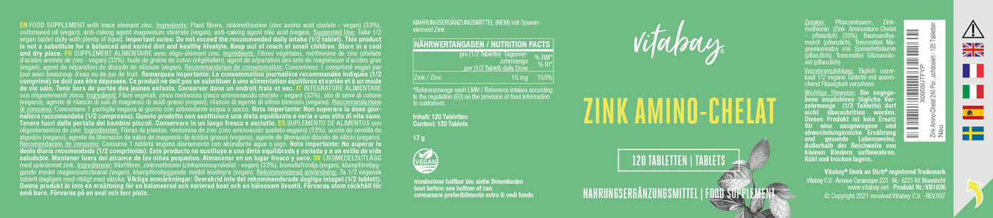 Zink Amino-Chelat - 120 vegane Tabletten
