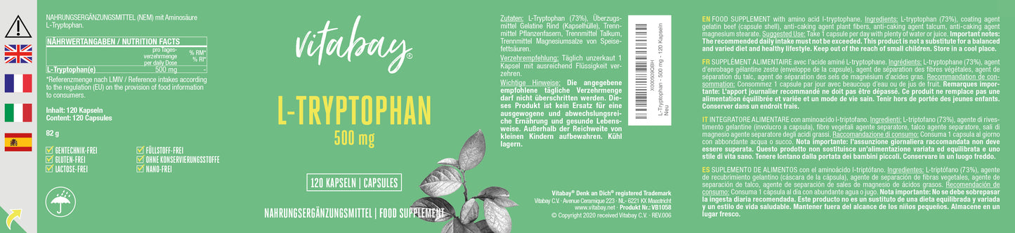 L-Tryptophan - 500 mg - 120 Kapseln